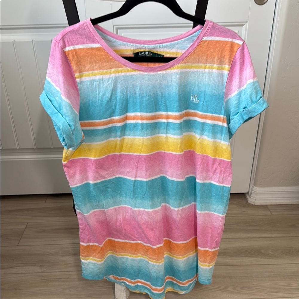 Lauren Ralph Lauren Pink and Blue Relaxed Short Sleeve Tee
